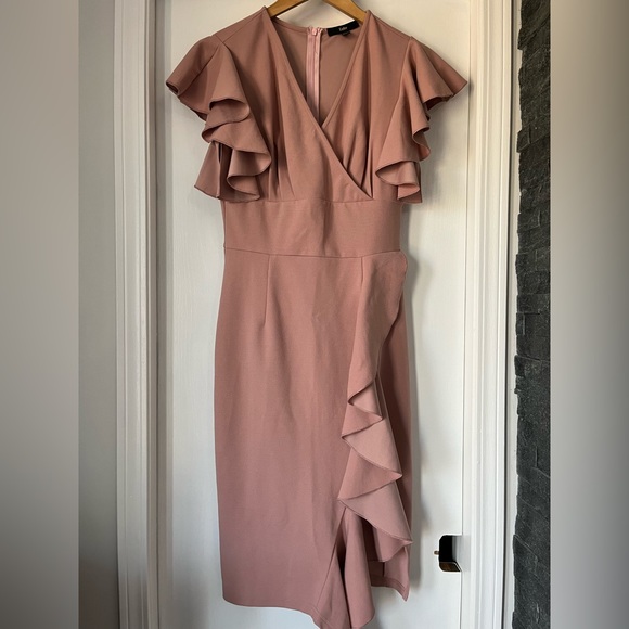 Blush pink deep-v ruffle sleeves cocktail dress M - Picture 4 of 4